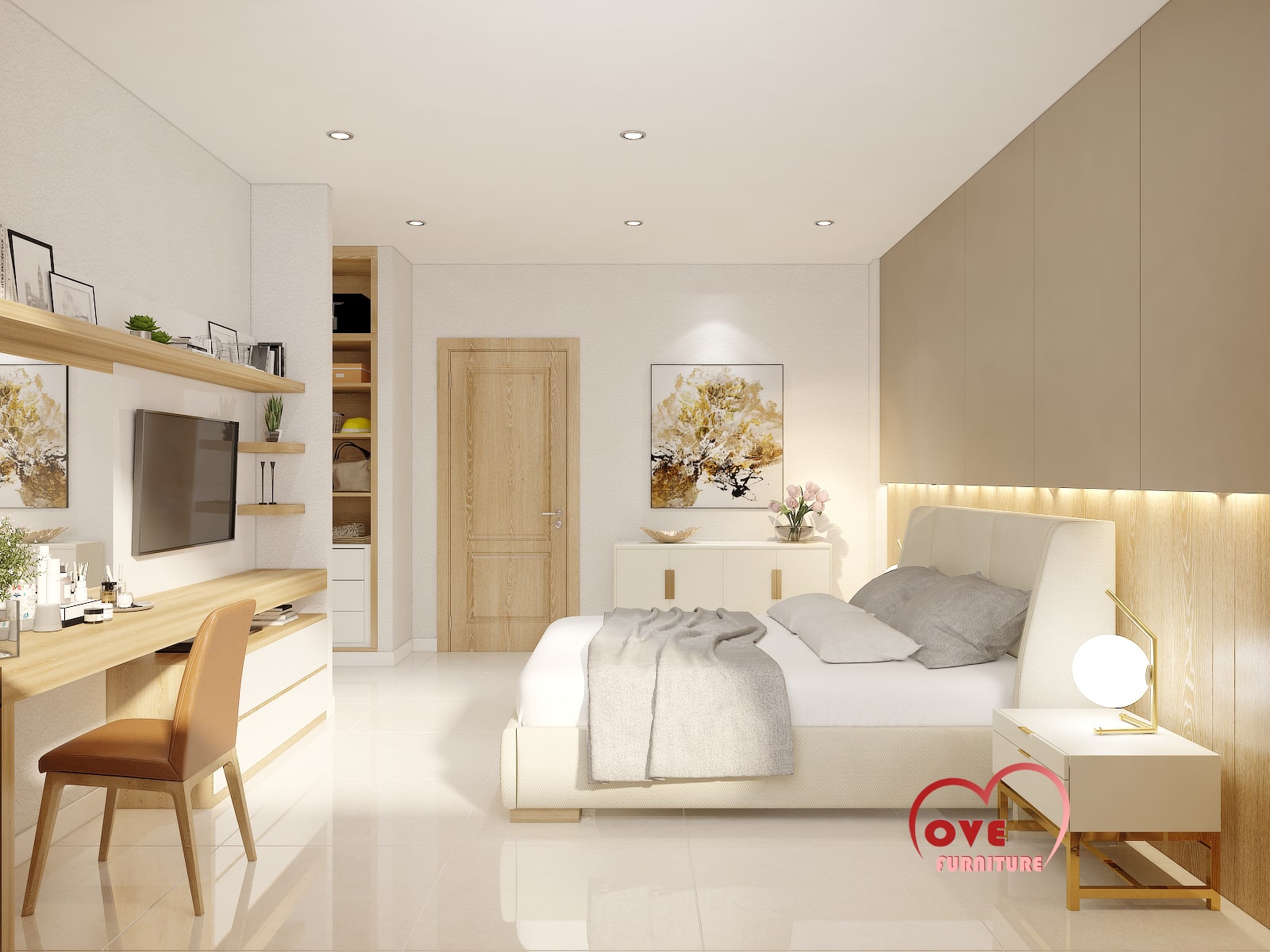 Mẫu phòng ngủ hiện đại sang trọng màu kem